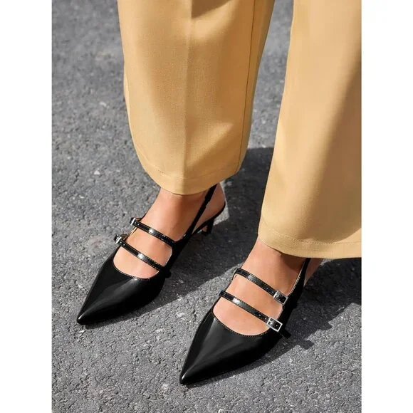 Women's Slingbak Ktiten Pumpe Closed Pointed Toe Heels Wedding Dress Shoe Black - Picture 3 of 6